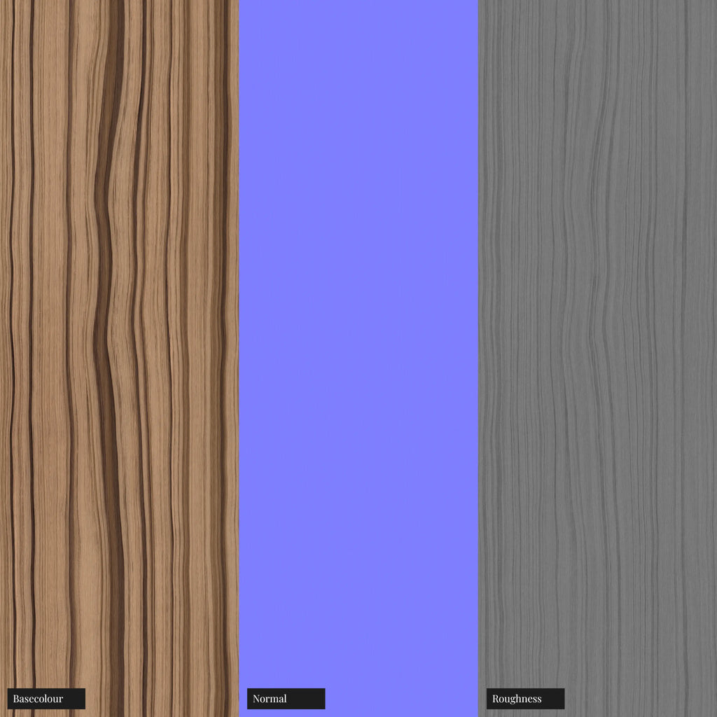 Zebrano Rift Sawn Natural Finish Veneer Wood PBR Texture - Example Scene Visualization | Superellipse