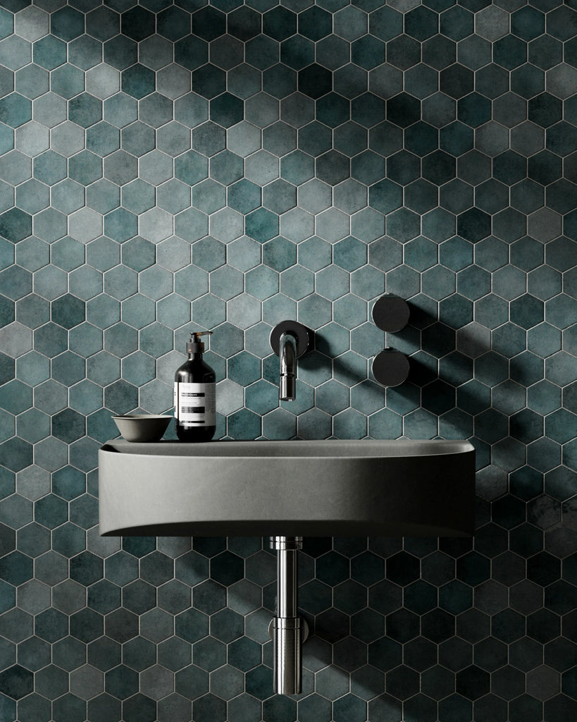 Hoxton Teal Gloss Hex Tile PBR Texture - Example Scene Visualization | Superellipse