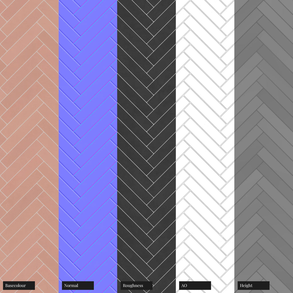 Herringbone Flamingo Matte Porcelain Tile PBR Texture - Example Scene Visualization | Superellipse