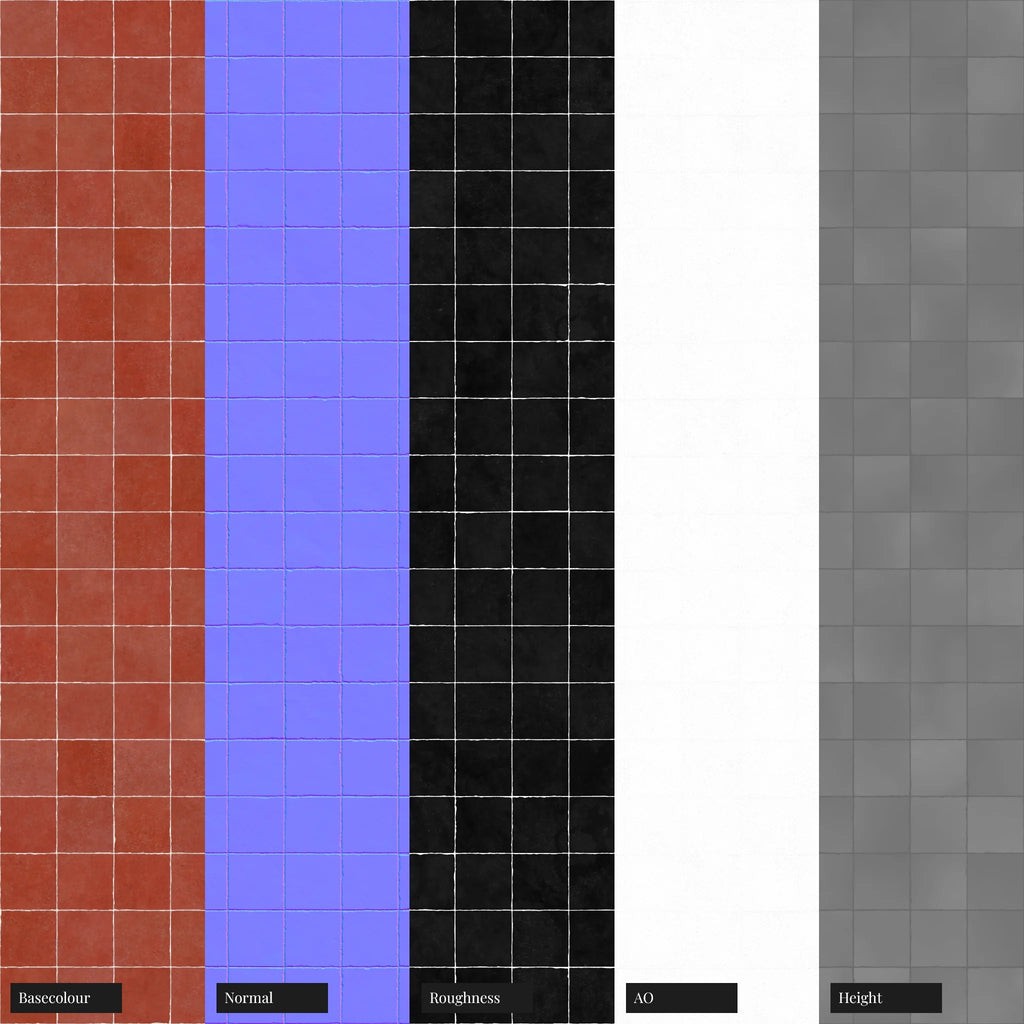Zellige Cayenne Red Square Tile PBR Texture - Example Scene Visualization | Superellipse