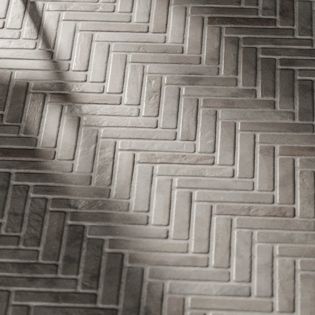 Contemporary Grey Terracotta Herringbone Tiles PBR Texture - Example Scene Visualization | Superellipse