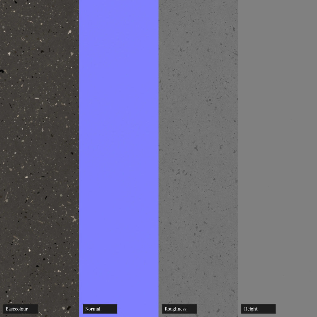 Dark Grey Ceramic Terrazzo Mixed Aggregates PBR Texture - Example Scene Visualization | Superellipse