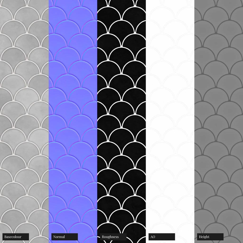 Ash Gloss Scallop Porcelain Tile PBR Texture - Example Scene Visualization | Superellipse