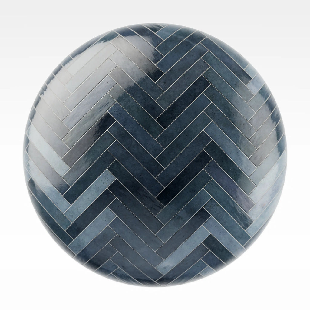 Hoxton Deep Blue Herringbone Tile PBR Texture - Sphere Swatch Preview | Superellipse