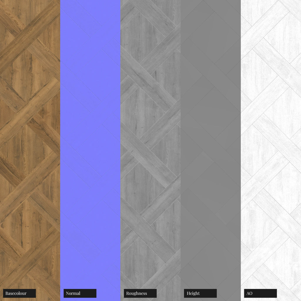 Rustic Oak Wood Basketweave Floor PBR Texture - Example Scene Visualization | Superellipse