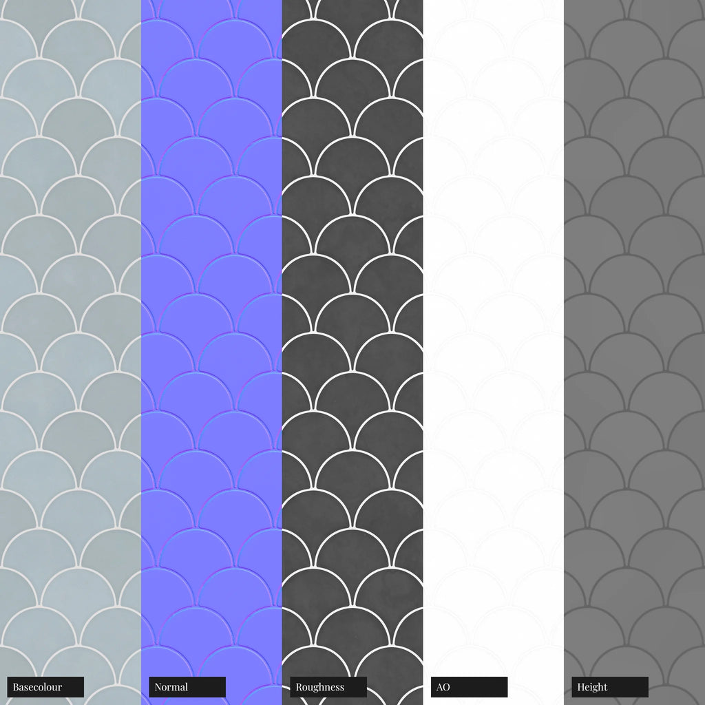 Powder Blue Scallop Ceramic Tile PBR Texture - Example Scene Visualization | Superellipse