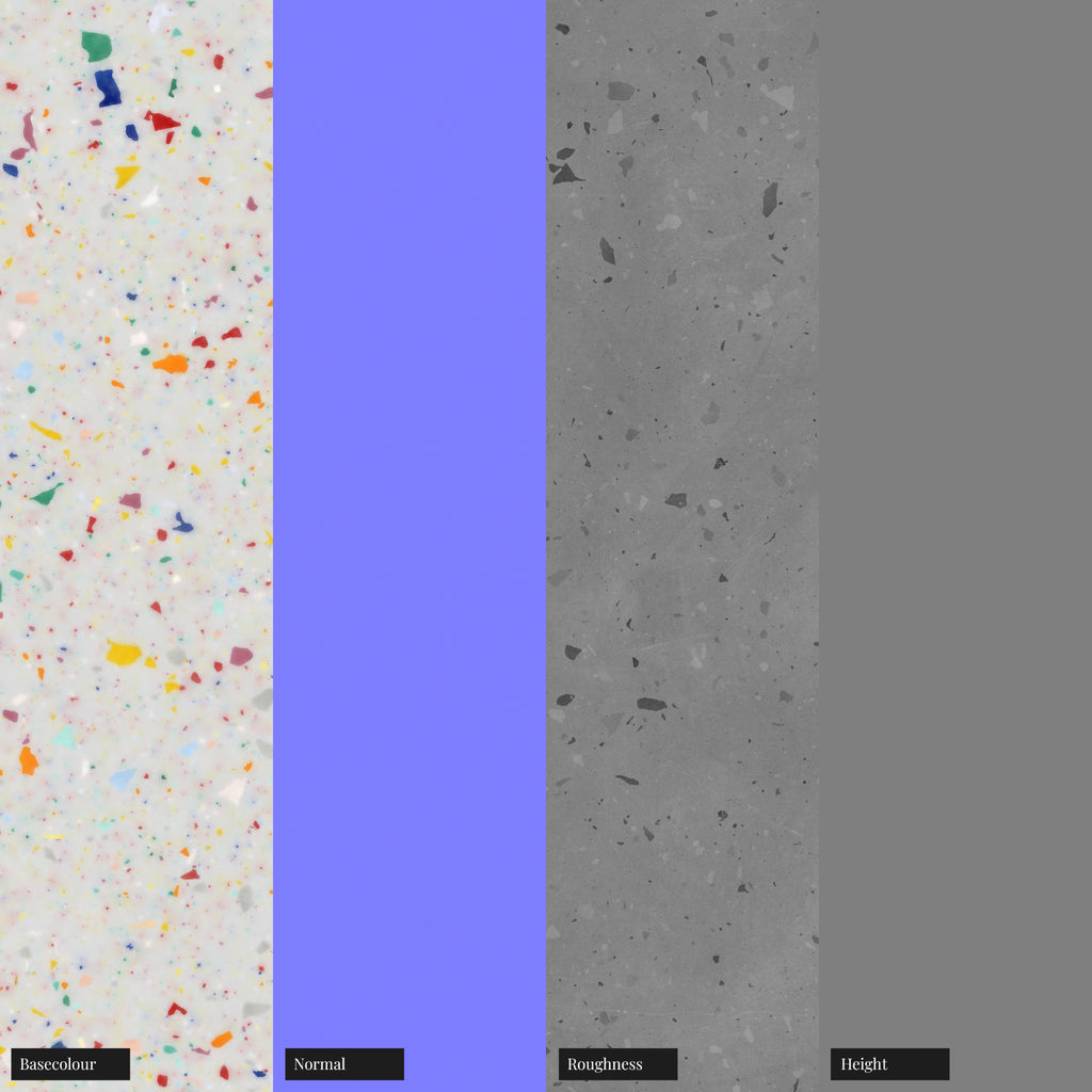 Multi Colour Recycled Terrazzo Plastic PBR Texture - Example Scene Visualization | Superellipse