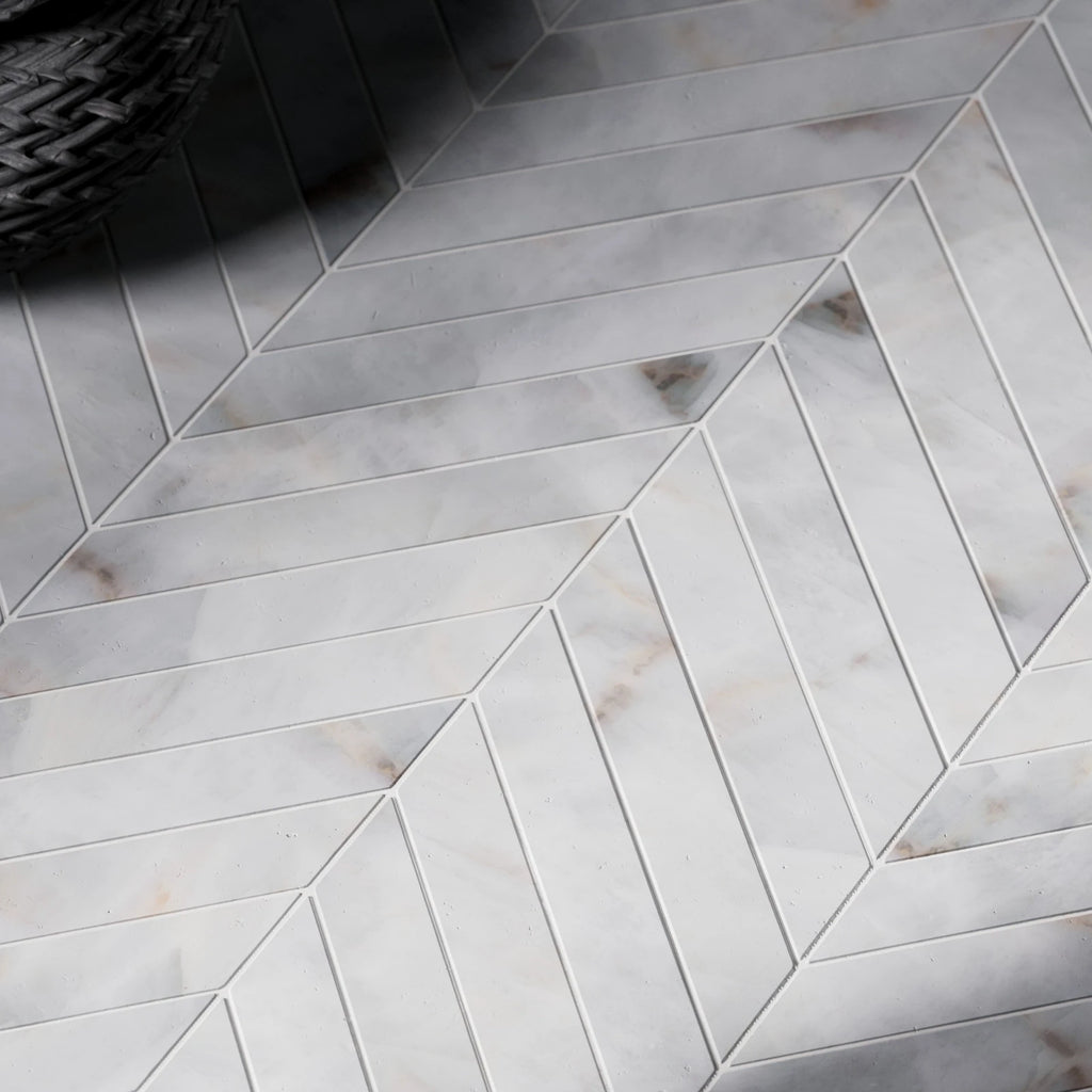 White Onyx Polished Chevron Tiles PBR Texture - Example Scene Visualization | Superellipse