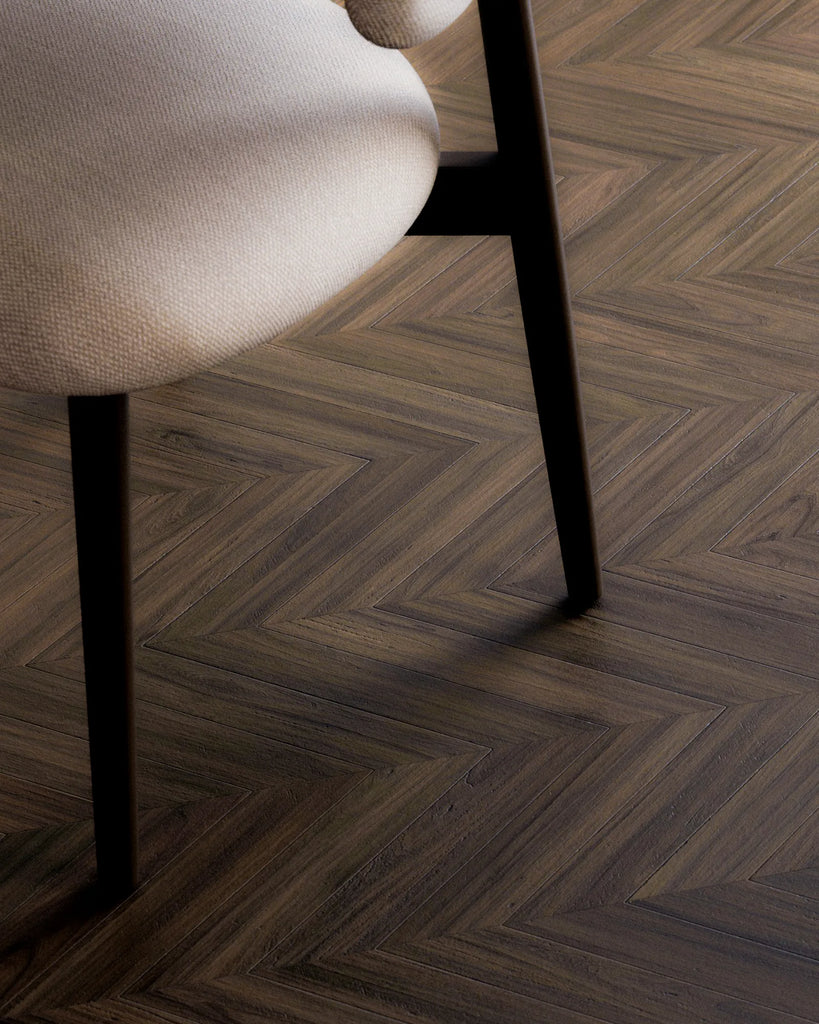 Smokey Walnut Chevron Parquet Wood Floor PBR Texture - Example Scene Visualization | Superellipse