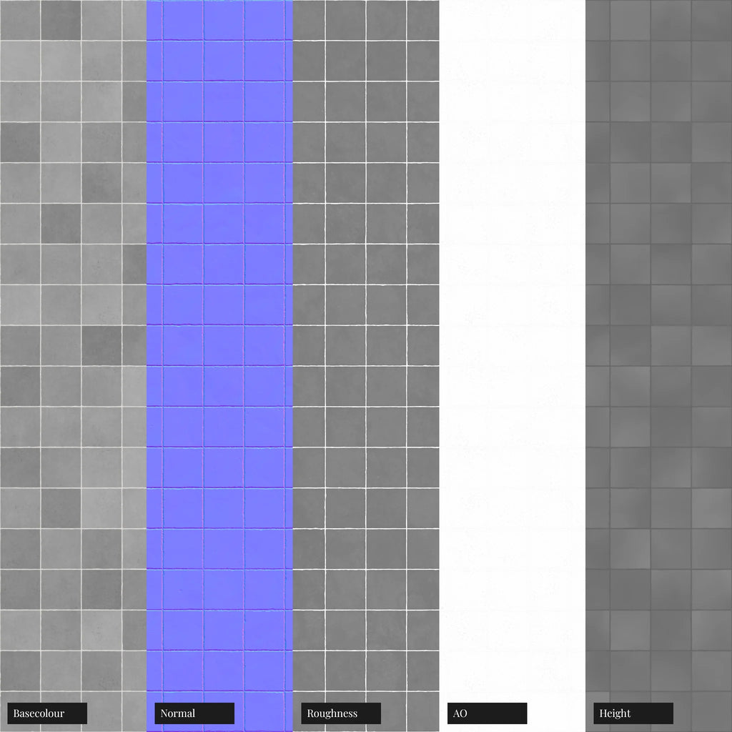 Zellige Neutral Grey Square Tile PBR Texture - Example Scene Visualization | Superellipse