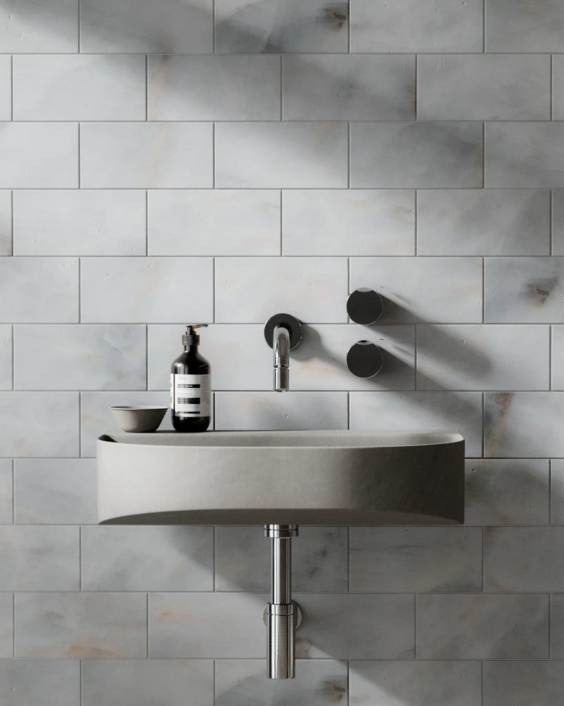 White Onyx Polished Brickbond Tiles PBR Texture - Example Scene Visualization | Superellipse