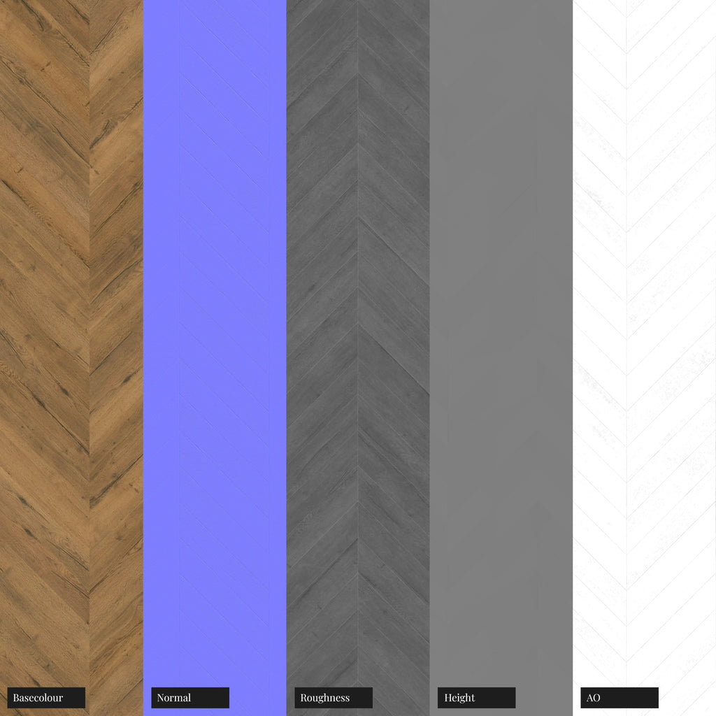Rustic Oak Wood Chevron Parquet Floor PBR Texture - Example Scene Visualization | Superellipse