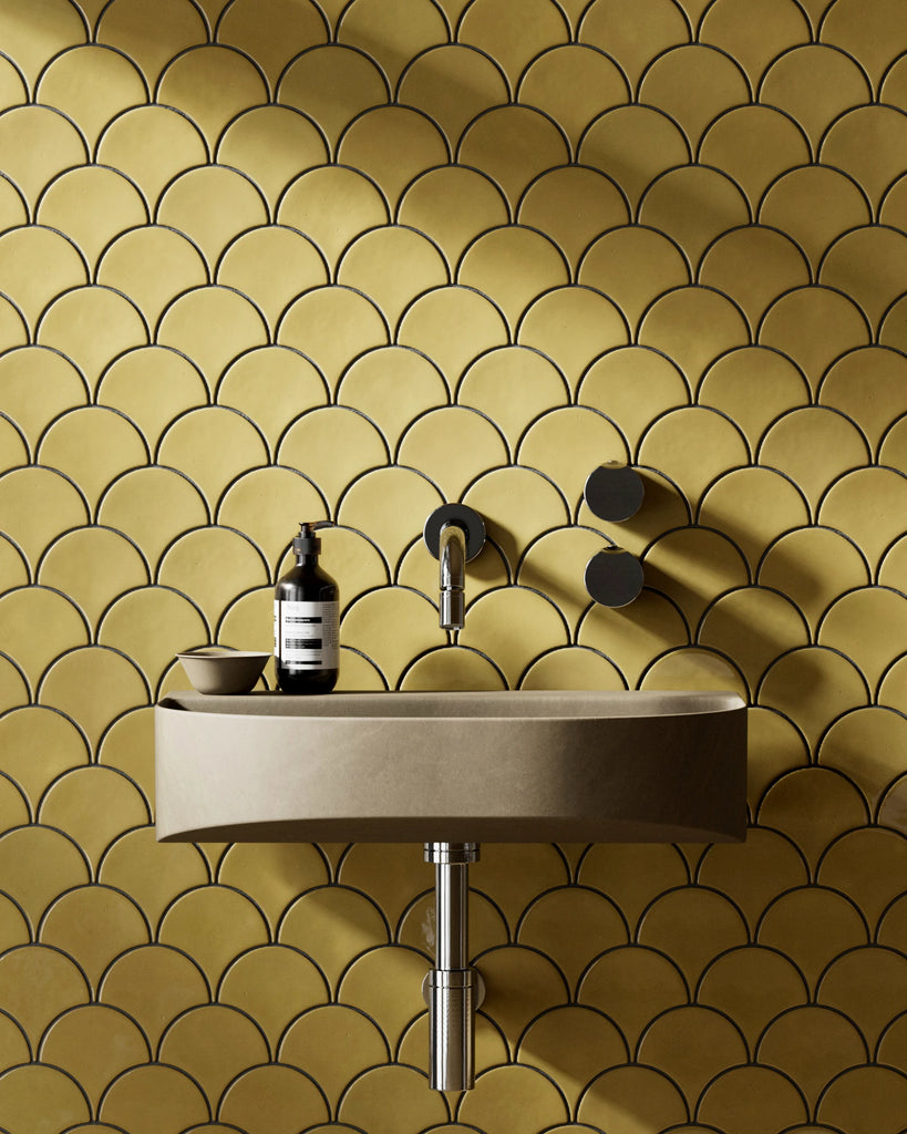 Canary Yellow Scallop Ceramic Tile PBR Texture - Example Scene Visualization | Superellipse