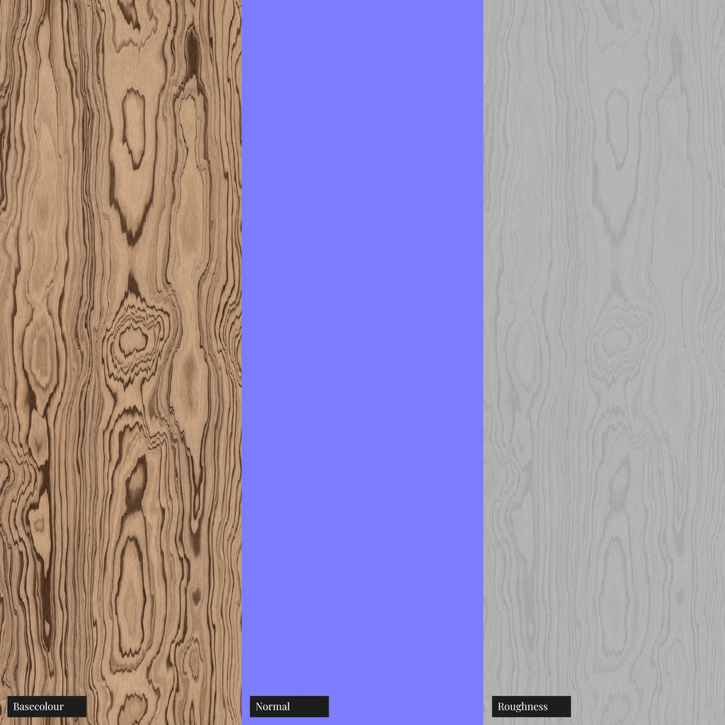 Zebrano Natural Finish Veneer Wood PBR Texture - Example Scene Visualization | Superellipse