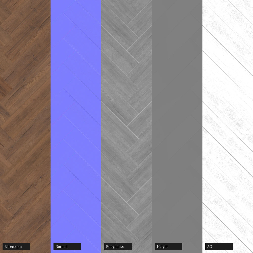 English Chestnut Oak Herringbone Wood Floor PBR Texture - Example Scene Visualization | Superellipse