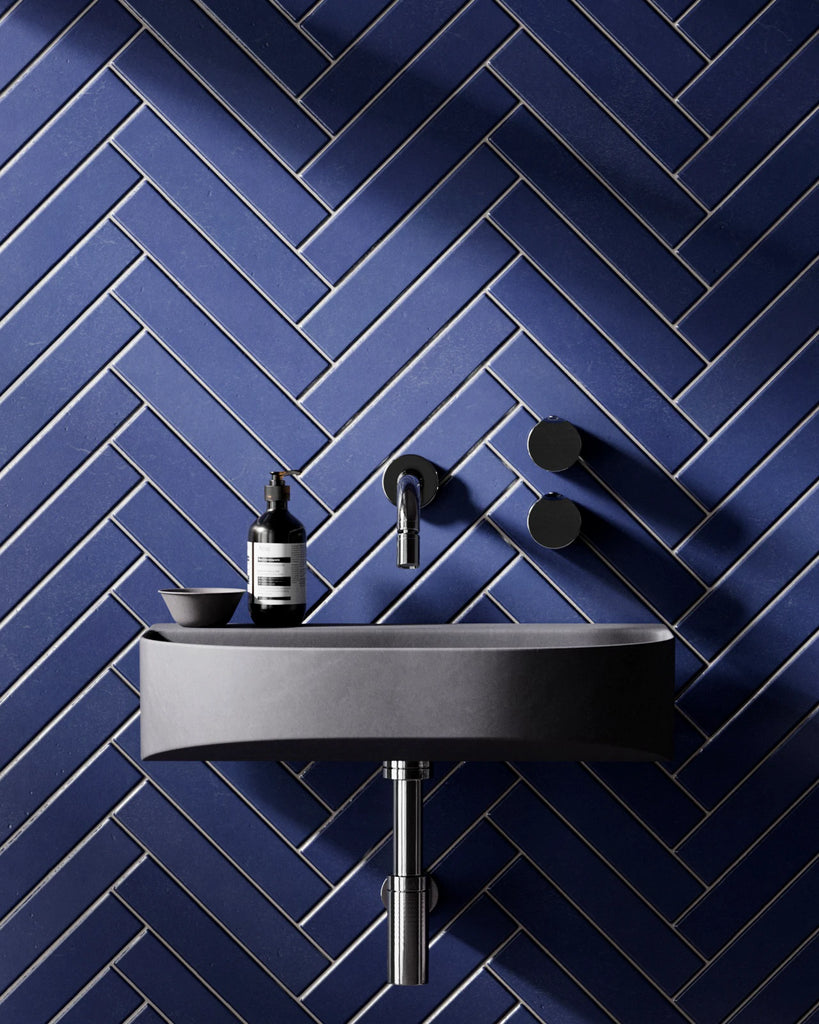 Herringbone Matte Royal Blue Tile PBR Texture - Example Scene Visualization | Superellipse