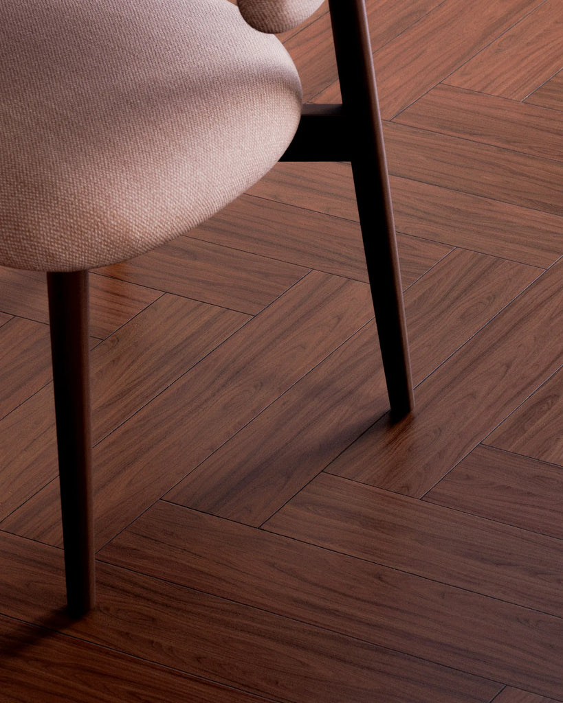 Red Mahogany Herringbone Wood Floor PBR Texture - Example Scene Visualization | Superellipse