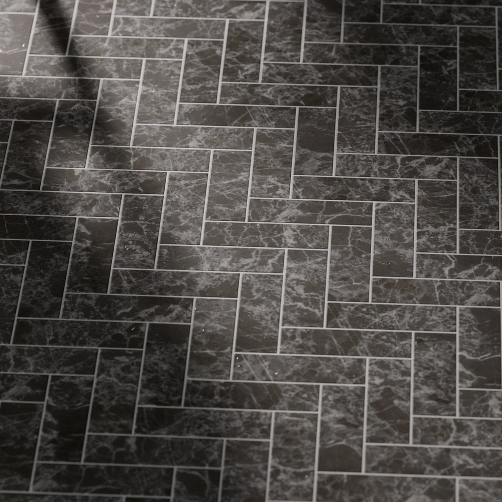 Ash Grey Herringbone Marble Tiles PBR Texture - Example Scene Visualization | Superellipse