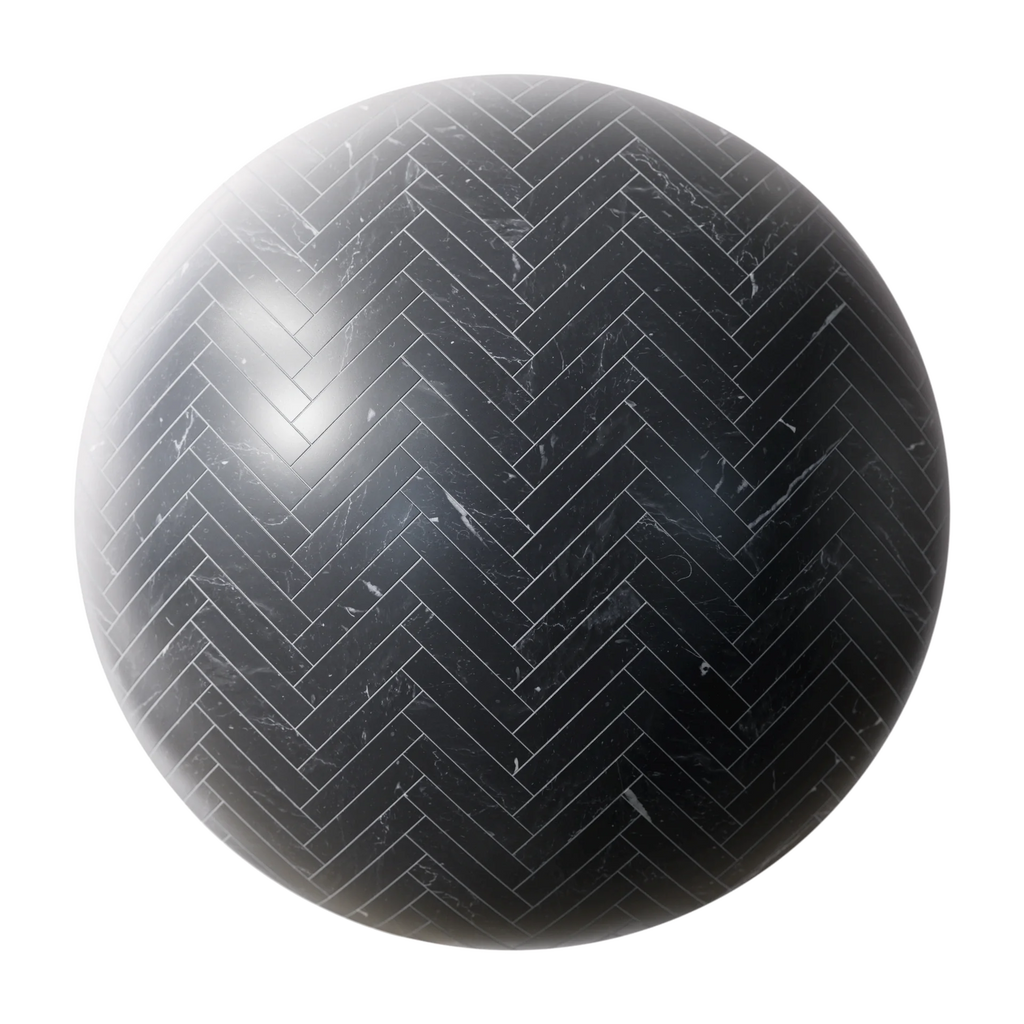 Nero Marquina Herringbone Marble Tile PBR Texture - Sphere Swatch Preview | Superellipse