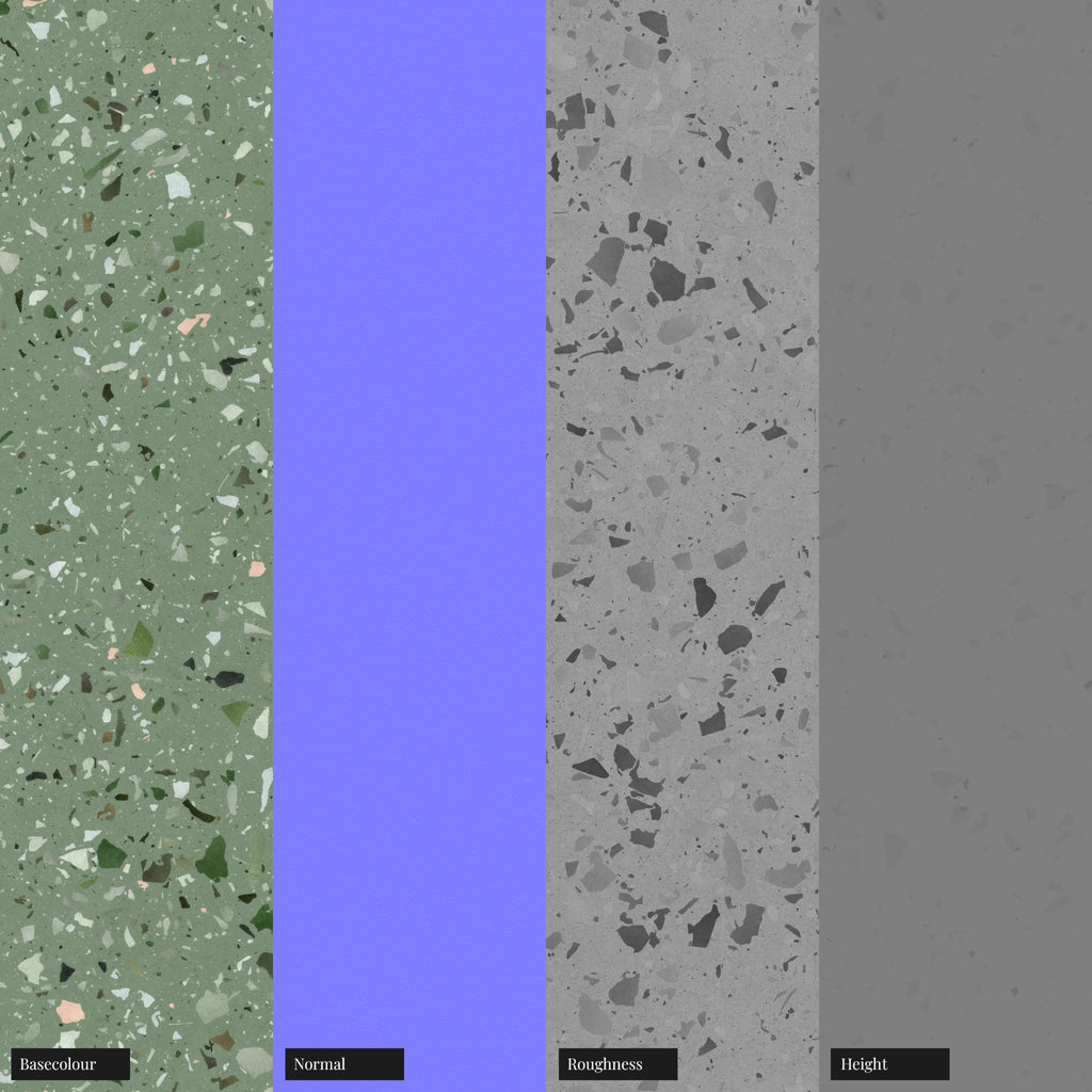 Green Ceramic Terrazzo Mixed Aggregates PBR Texture - Example Scene Visualization | Superellipse