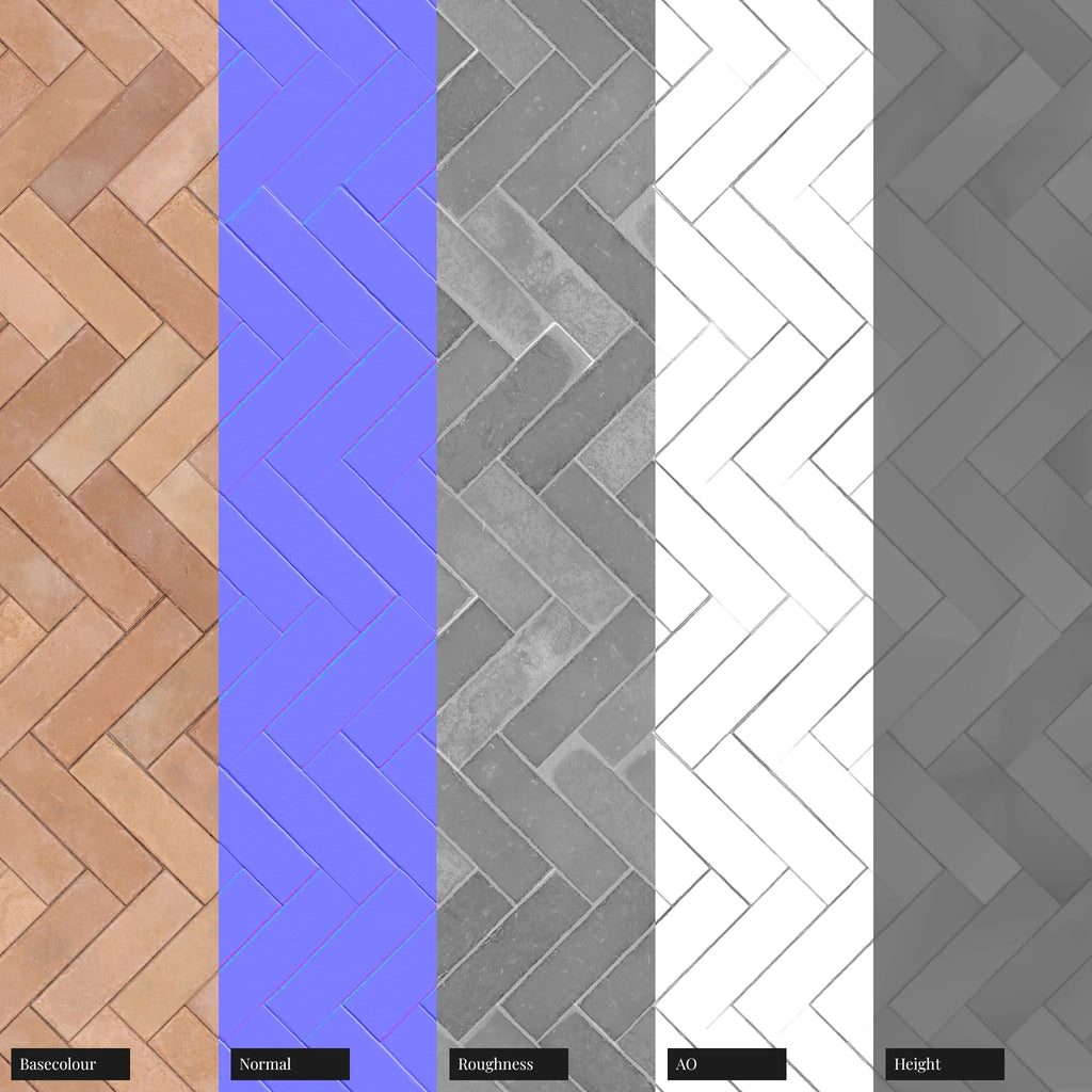 Terracotta Muted Mixed Clay Dusted Herringbone Tiles PBR Texture - Example Scene Visualization | Superellipse