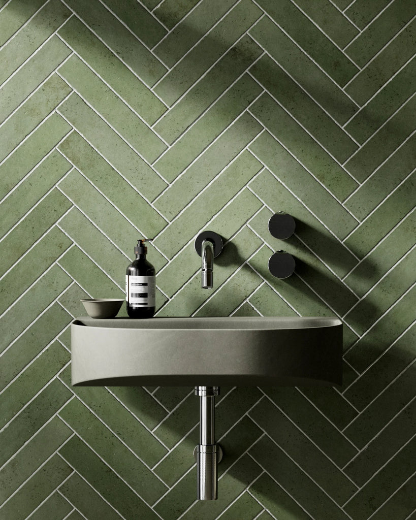 Zellige Jungle Green Herringbone Tile PBR Texture - Example Scene Visualization | Superellipse