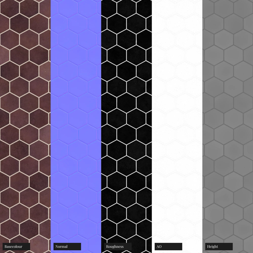 Hoxton Burgundy Hex Tile PBR Texture - Example Scene Visualization | Superellipse
