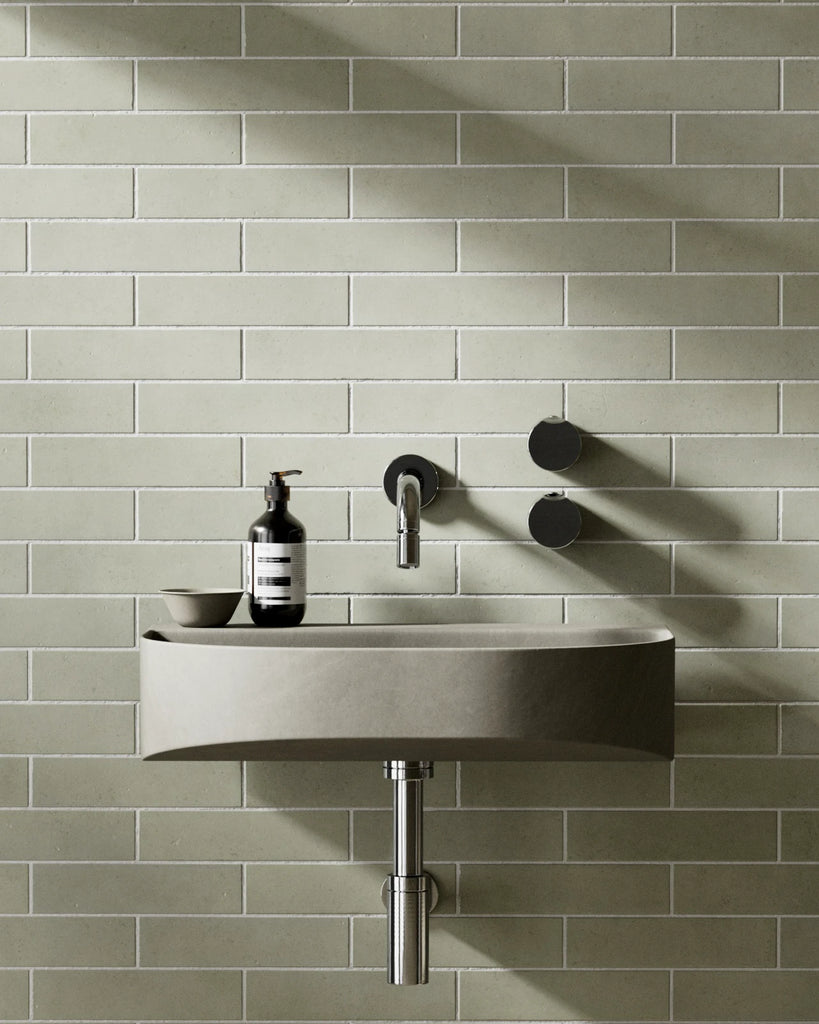 Zellige Light Sage Brickbond Tile PBR Texture - Example Scene Visualization | Superellipse