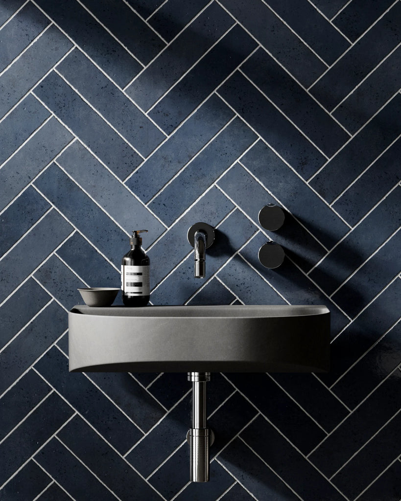 Zellige Navy Herringbone Tile PBR Texture - Example Scene Visualization | Superellipse