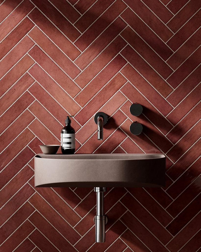 Hoxton Fire Red Herringbone Tile PBR Texture - Example Scene Visualization | Superellipse