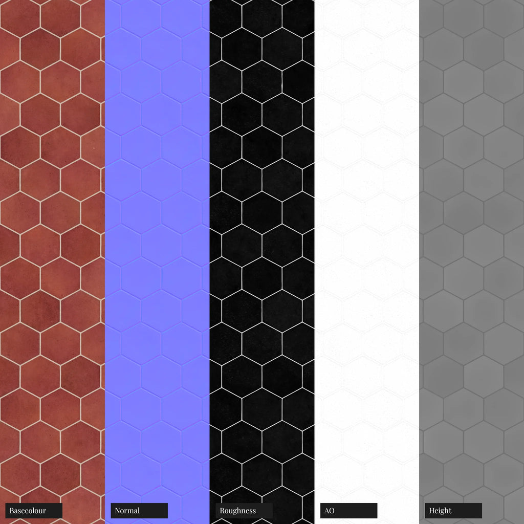 Hoxton Fire Red Hex Tile PBR Texture - Example Scene Visualization | Superellipse