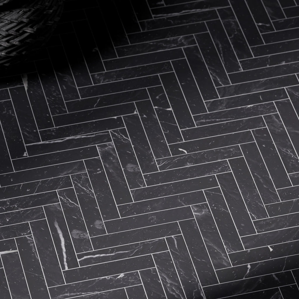 Nero Marquina Herringbone Marble Tile PBR Texture - Example Scene Visualization | Superellipse