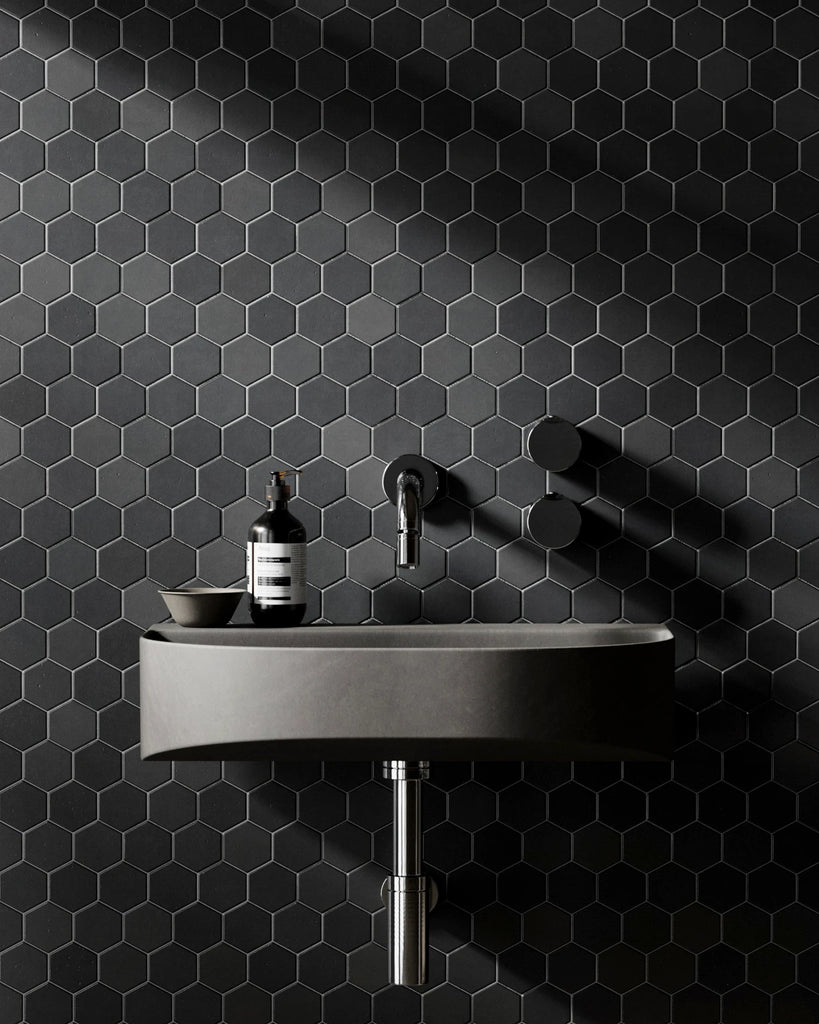 Hexagonal Matte Graphite Tile PBR Texture - Example Scene Visualization | Superellipse