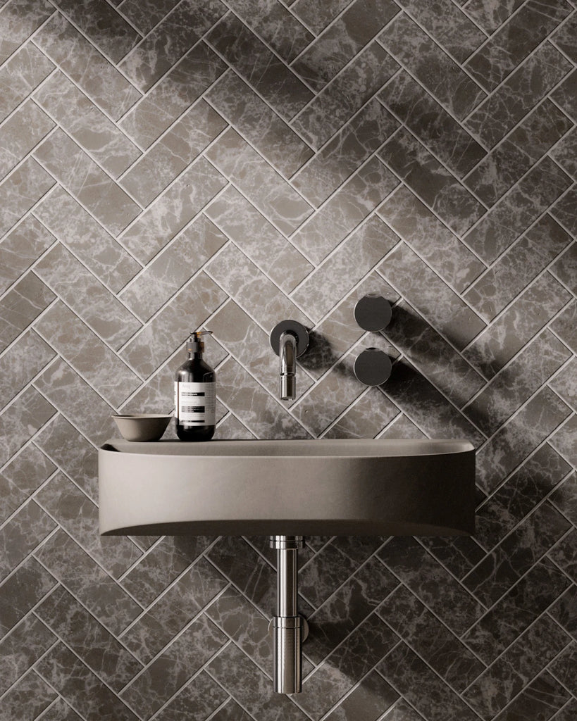 Ash Grey Herringbone Marble Tiles PBR Texture - Example Scene Visualization | Superellipse