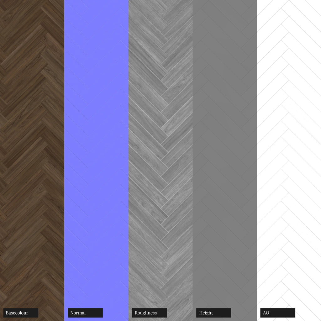 Smokey Walnut Herringbone Parquet Wood Floor PBR Texture - Example Scene Visualization | Superellipse